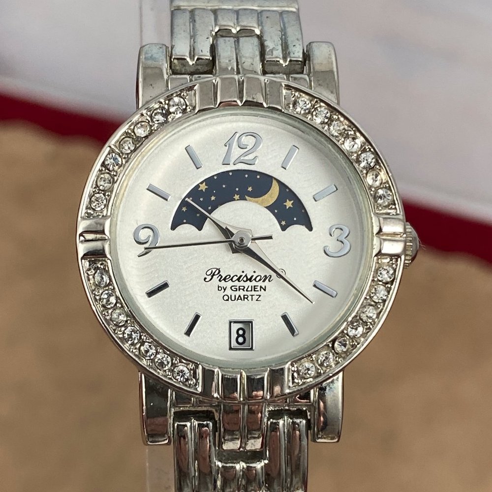 Vintage Gruen Precision Silver Tone Moonphase Quartz Watch with Crystal Bezel
